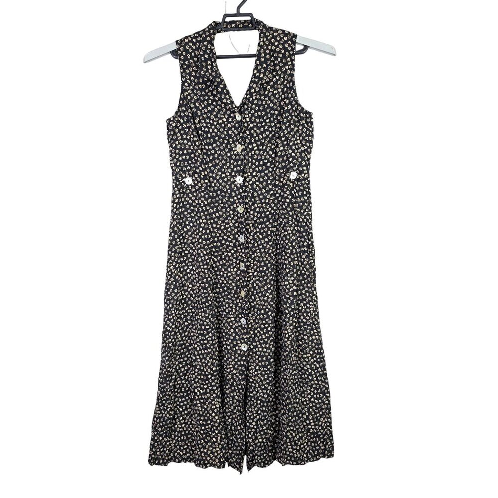 Womens T & Company Black & Tan Sleeveless Midi Dress Button Front Rayon Size 12